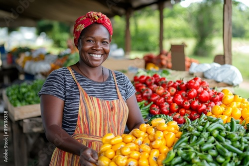 Greengrocer holding fresh yellow peppers at farmers market photo