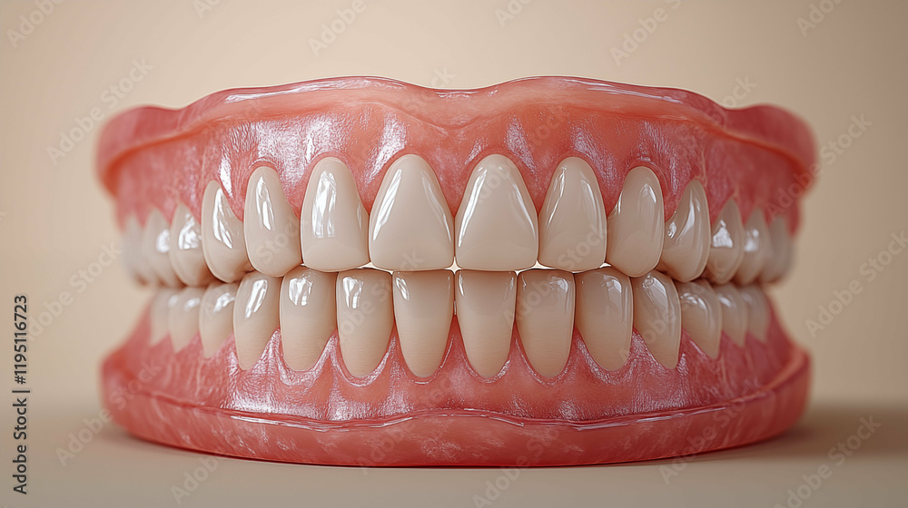 Obraz premium Dental prosthesis on cream background showing aesthetic restoration and modern dentistry technology