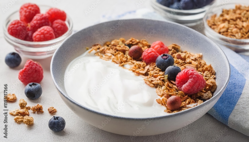 Healthy breakfast. Yogurt with granola and berries Healthy breakfast. Yogurt with granola and berries