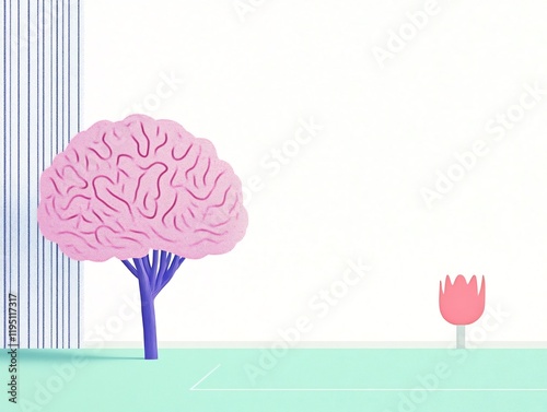 Pastel Pink Brain Tree 3D Render: Minimalist Illustration Growing in a Calm Scene. AI Generated photo