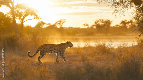 Leopard sunset walk. Leopard, Panthera pardus shortidgei, nature habitat, big wild cat in the nature habitat, sunny day on savannah, Khwai River, Moremi Botswana. Wildlife nature. Africa wildlife. photo