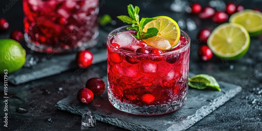 Vibrant Cape Codder cocktail with cranberry juice and vodka garnished with lime and mint on a dark textured surface with ice and cranberries Vibrant Cape Codder cocktail with cranberry juice and vodka garnished with lime and mint on a dark textured surface with ice and cranberries