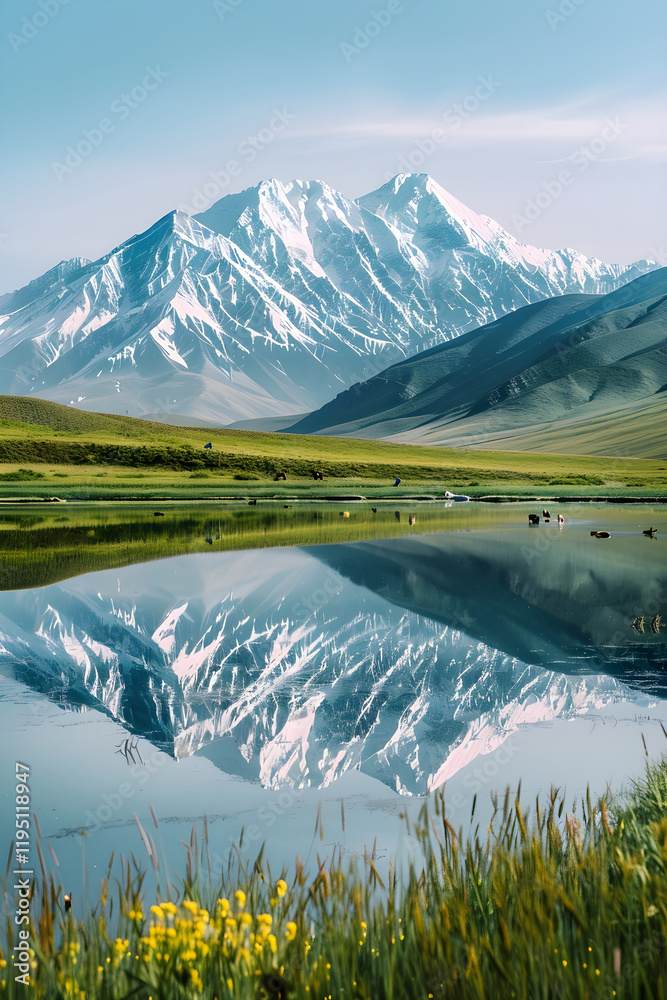 Fototapeta premium Reflective Beauty: The Mesmerising Landscape of a Reflecting Lake and Snow-Capped Mountains in a Kazakhstan National Park