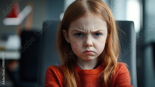 Red-haired girl, cross-armed, glaring in modern setting photo