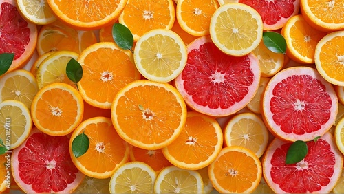 a close-up shot of sliced citrus fruit, including grapefruit, lemons, and oranges