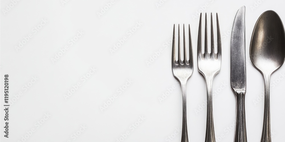 Silver cutlery arrangement including fork, knife, spoon on white background with ample empty space on left for text or graphic design Silver cutlery arrangement including fork, knife, spoon on white background with ample empty space on left for text or graphic design