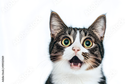 Portrait of a beige cat with a shocked expression on a colored background. Cat face meme concept

