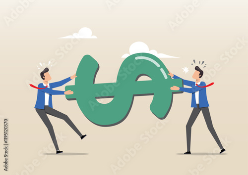 Greedy businessmen, company owner or worker pulling tug of war money dollar sign with full effort