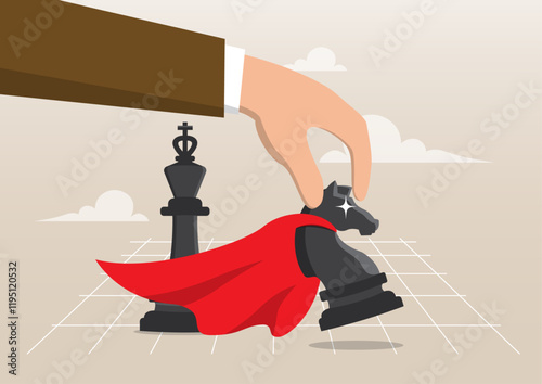 A strategic businessman holding a superpower knight chess piece to move to the winning turn