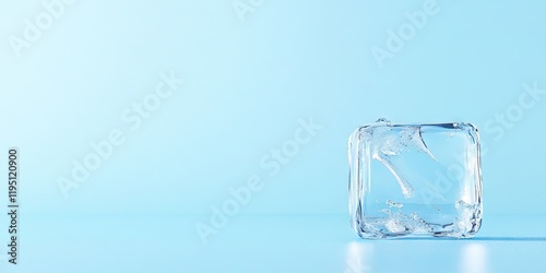 Crystal clear ice cube on the right side against a soft light blue background with ample negative space for text and minimal reflections