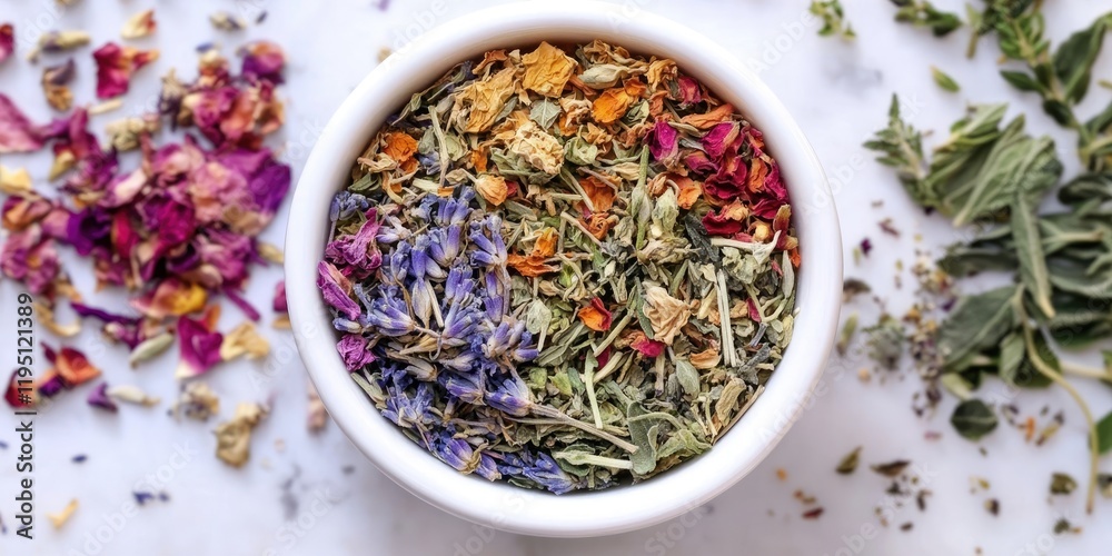 Colorful dried herbs and flowers in a white bowl arranged on a light marble surface with scattered loose petals for a natural wellness theme Colorful dried herbs and flowers in a white bowl arranged on a light marble surface with scattered loose petals for a natural wellness theme