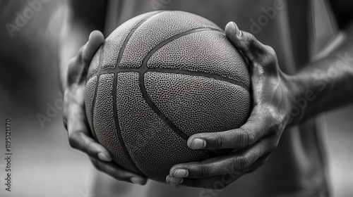 Baskeball player clutches the ball firmly 