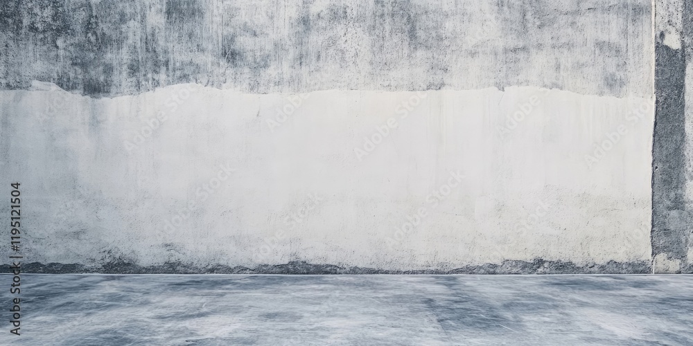 Fototapeta premium Textured concrete wall with a faded white section and ample grey floor space, ideal for product display or advertising text design.