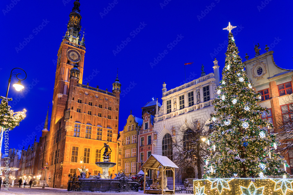 Naklejka premium Long Lane with the Christmas tree at snowy morning, Gdansk. Poland