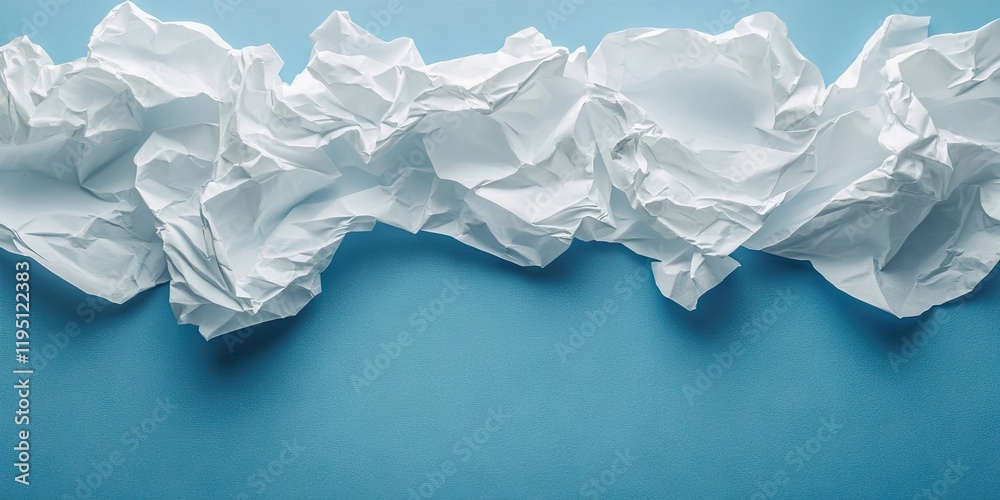 Obraz premium Crumpled white paper texture on a vibrant blue background with uneven ripples creating depth and contrast in horizontal arrangement.