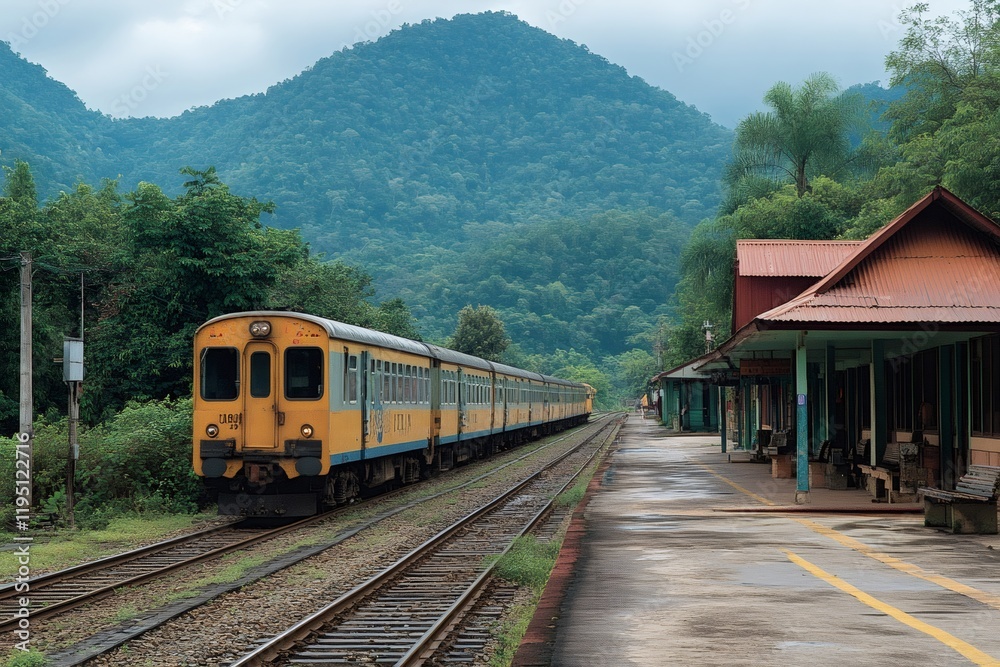 Yellow train arriving at rural train station in lush green mountain landscape Yellow train arriving at rural train station in lush green mountain landscape