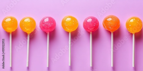 Vibrant lollipops in orange and pink arranged in a straight line on a pastel violet background with ample space for text above and below