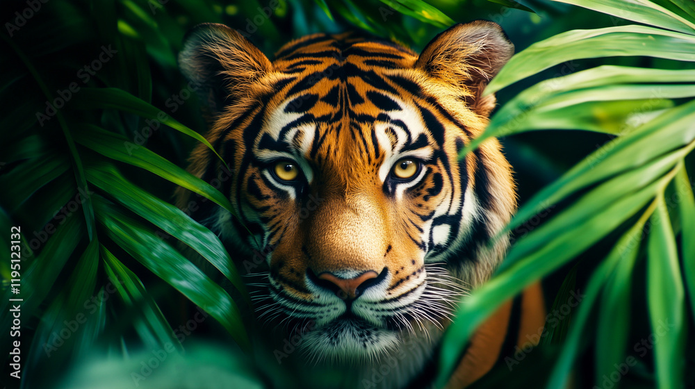 Tiger in the jungle surrounded by large leaves Tiger in the jungle surrounded by large leaves
