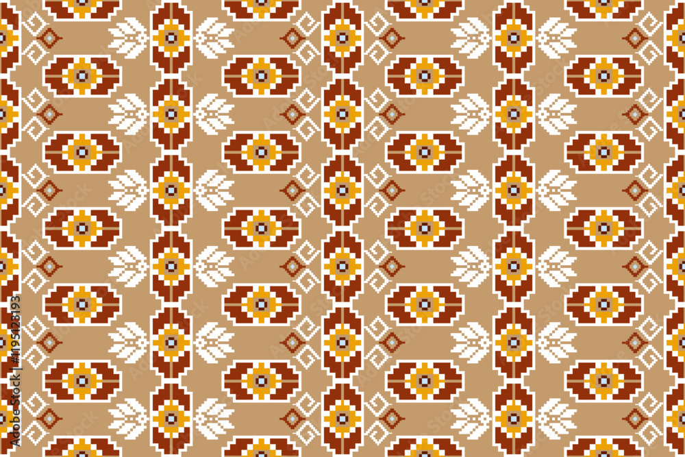 Pixel ethnic pattern oriental traditional. Design fabric pattern textile African, Aztec African America Indian seamless. Floral pixel art pattern on navy background vector illustration Pixel ethnic pattern oriental traditional. Design fabric pattern textile African, Aztec African America Indian seamless. Floral pixel art pattern on navy background vector illustration