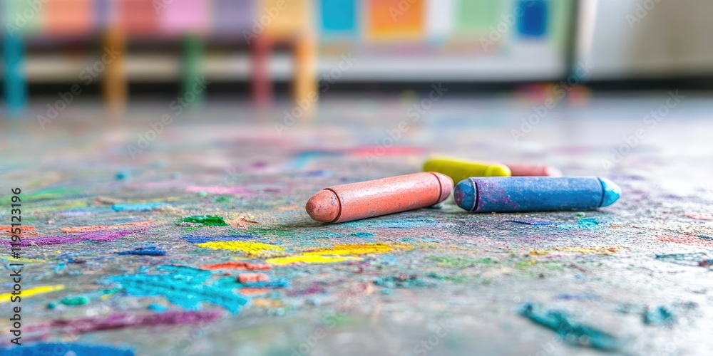 Colorful crayon remnants scattered on a textured floor with splashes of pink, blue, and green from playtime in a bright, cheerful environment.