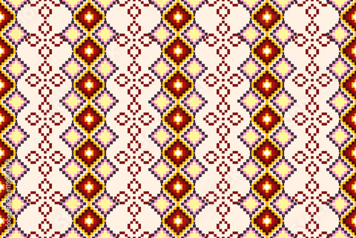 Pixel ethnic  pattern oriental traditional. Design fabric pattern textile African, Aztec African America Indian seamless. Floral pixel art pattern on navy background  vector illustration