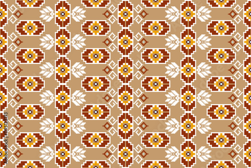 Pixel ethnic  pattern oriental traditional. Design fabric pattern textile African, Aztec African America Indian seamless. Floral pixel art pattern on navy background  vector illustration
