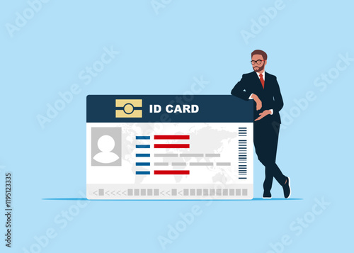 Businessman standing with crossed legs and leaning on ID card. Isometric Personal business card. Flat vector illustration.