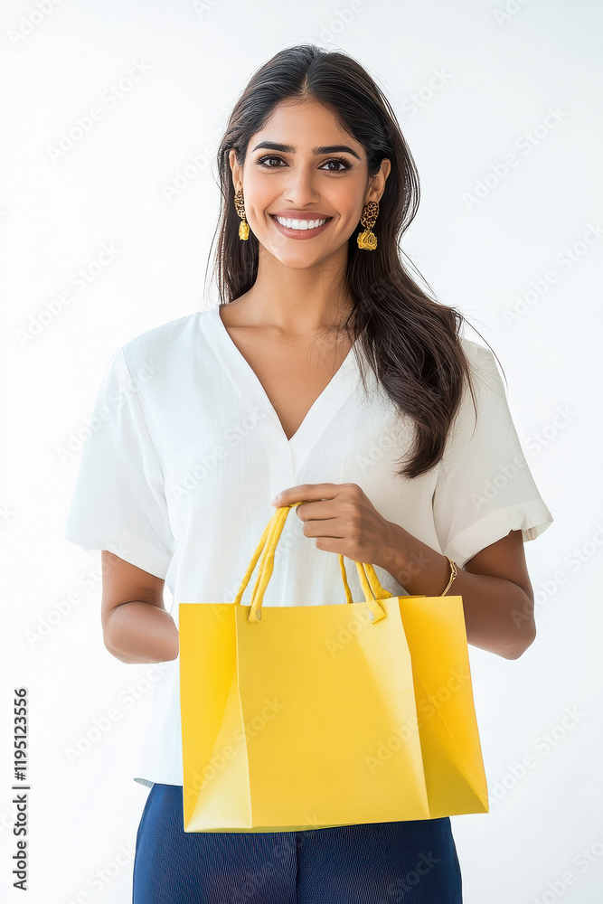 a beautiful Indian woman wearing a white short-sleeved shirt and blue navy flared pants fashion, holding lime shopping bags. a beautiful Indian woman wearing a white short-sleeved shirt and blue navy flared pants fashion, holding lime shopping bags.