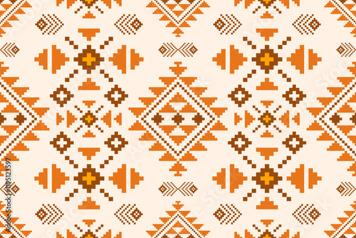 Pixel ethnic  pattern oriental traditional. Design fabric pattern textile African, Aztec African America Indian seamless. Floral pixel art pattern on navy background  vector illustration