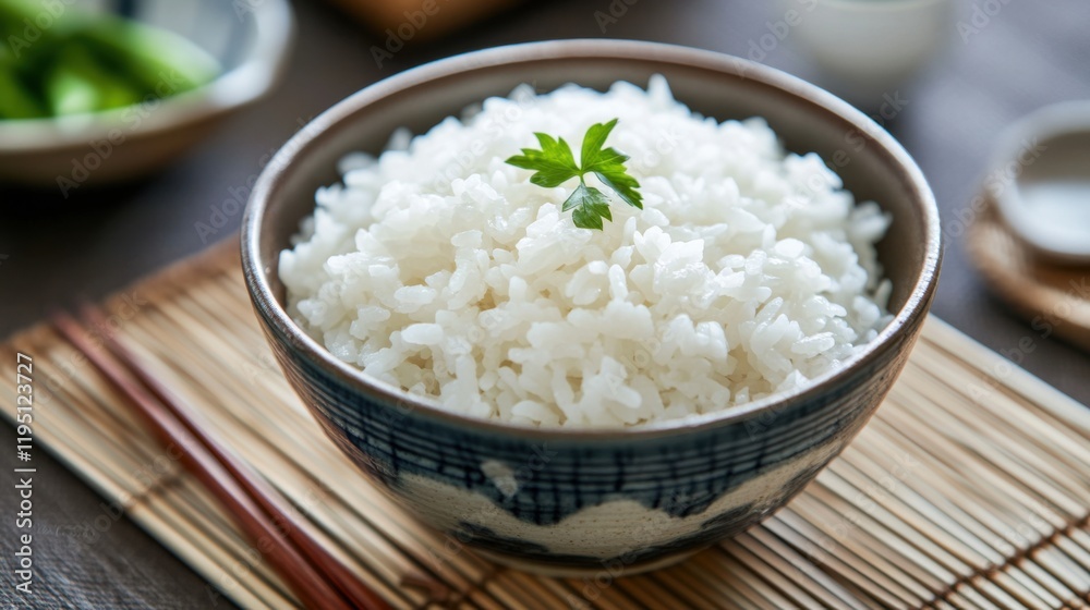 Close-up of a traditional Japanese rice bowl filled with white rice. Featuring a simple, elegant presentation. Emphasizing traditional Japanese dining. Ideal for Japanese cuisine and cultural content. Close-up of a traditional Japanese rice bowl filled with white rice. Featuring a simple, elegant presentation. Emphasizing traditional Japanese dining. Ideal for Japanese cuisine and cultural content.