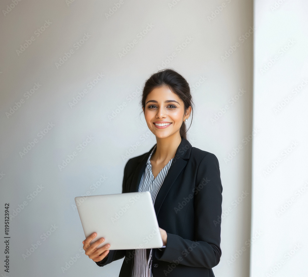 A young attractive smiling Indian businesswoman holds a laptop A young attractive smiling Indian businesswoman holds a laptop