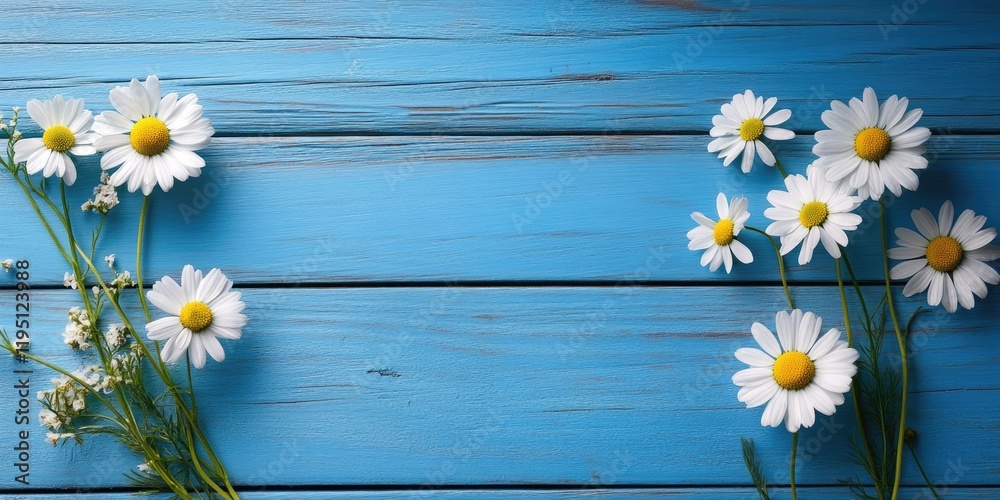 Fototapeta premium Daisy buds arranged on the left and right sides of a vibrant blue wooden surface creating ample copy space in the center for text display.