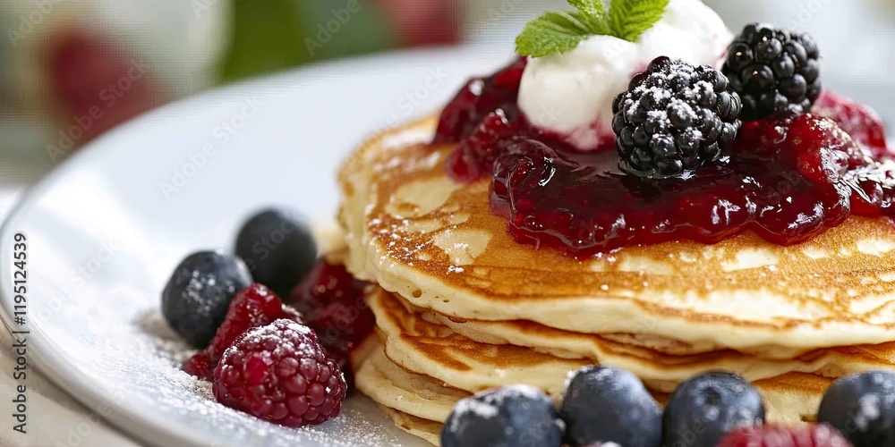 Rustic pancakes stacked on a white plate topped with berry jam, fresh berries, and sour cream, featuring a cozy, inviting atmosphere. Rustic pancakes stacked on a white plate topped with berry jam, fresh berries, and sour cream, featuring a cozy, inviting atmosphere.