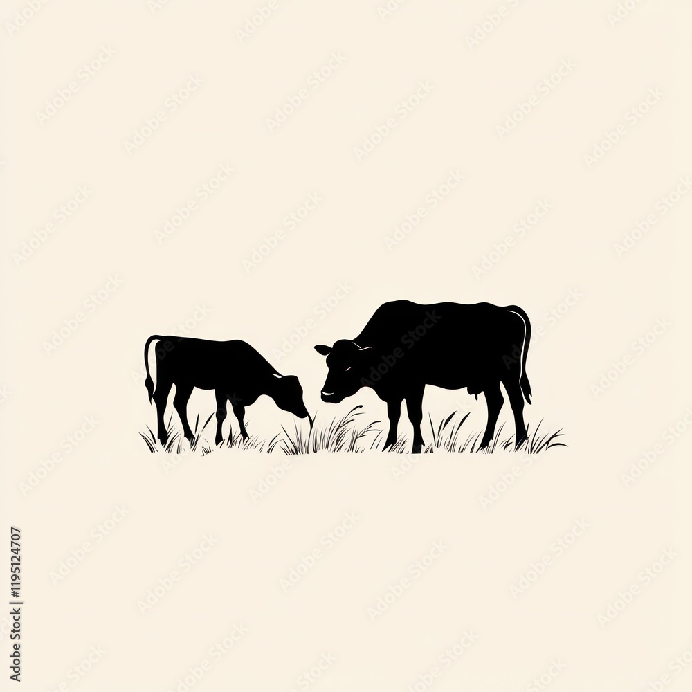 Cow and calf grazing in pasture, peaceful rural scene, farm animal illustration Cow and calf grazing in pasture, peaceful rural scene, farm animal illustration