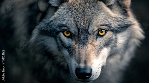 Wolf's intense gaze in mysterious forest close-up portrait photo