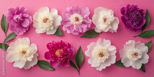 Wallpaper Mural Vibrant pink white and purple peony flowers arranged symmetrically on a soft pink background with green leaves offering ample copy space Torontodigital.ca