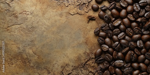 Dark roasted coffee beans scattered on a textured vintage brown backdrop with an earthy tone, occupying the lower right corner of the image. photo