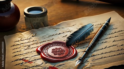 Vintage Writing Set with a Feather Quill, Ink Pot, Wax Seal, and Handwritten Manuscript on Aged Paper

