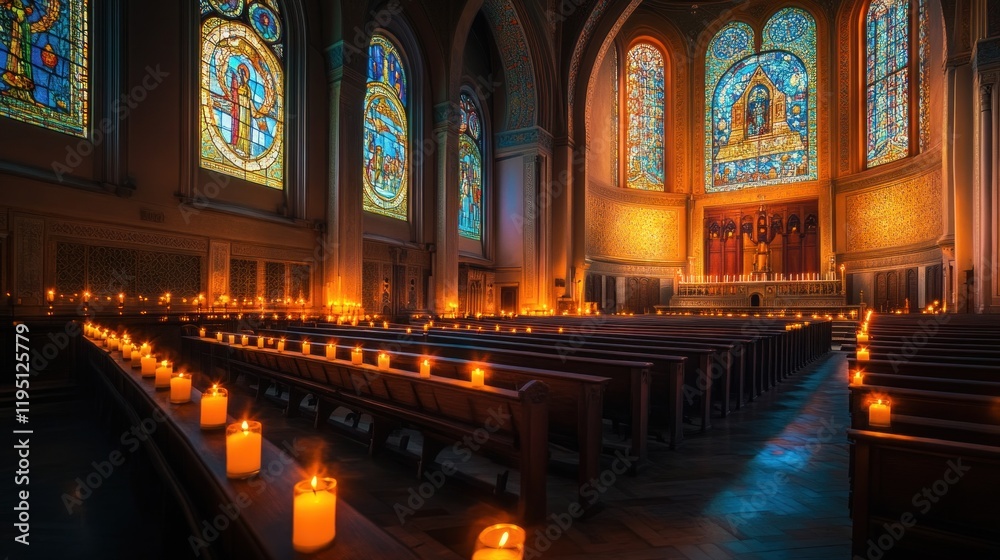 Fototapeta premium Lit candles illuminate rows of pews in a dimly lit church sanctuary with stained-glass windows.