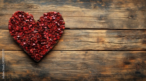 Heart Shape Created with Red Sequins on a Rustic Wooden Surface Ideal for Text or Graphic Overlays in Various Creative Projects
