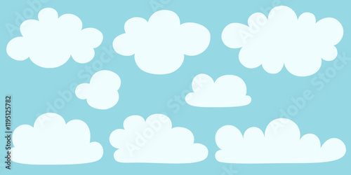 Flat cloud. Simple cloudy shapes. Cartoon white puffy, fluffy and cumulus clouds in blue sky. Abstract comic weather elements. Objects cloudscape for game.