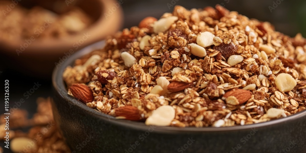 Nutritious crunchy granola mix with oats peanuts almonds and honey in a dark bowl with a blurred rustic bowl in the background Nutritious crunchy granola mix with oats peanuts almonds and honey in a dark bowl with a blurred rustic bowl in the background
