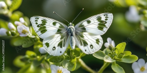 Dappled white butterfly with green patterned wings resting on lush green foliage surrounded by delicate white flowers in vibrant natural setting photo