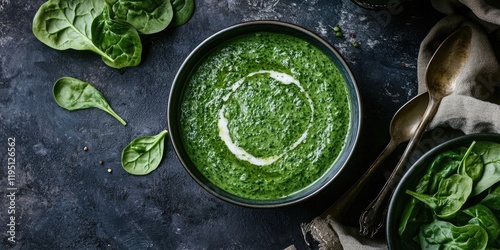 Fresh creamy spinach soup in a dark bowl with a swirl of cream surrounded by spinach leaves and metal ladles on a rustic kitchen table