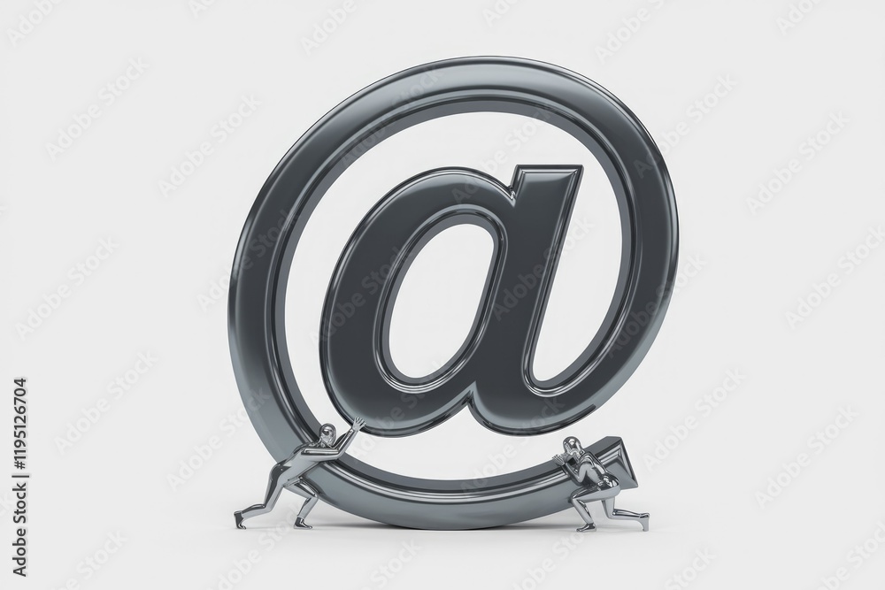 Two figures struggle to move a large metallic at symbol, symbolizing the effort required for online communication. Two figures struggle to move a large metallic at symbol, symbolizing the effort required for online communication.