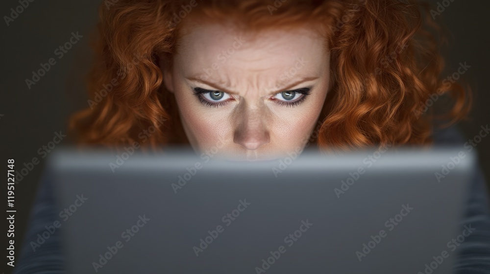 A focused woman with curly red hair intensely gazes at a laptop screen, illuminated in a dark environment. A focused woman with curly red hair intensely gazes at a laptop screen, illuminated in a dark environment.