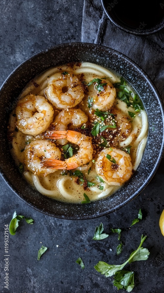A bowl brimming with soft udon noodles cradles tender shrimp in a flavorful broth, enhanced by herbs and spices, creating a comforting meal perfect for any time of day A bowl brimming with soft udon noodles cradles tender shrimp in a flavorful broth, enhanced by herbs and spices, creating a comforting meal perfect for any time of day
