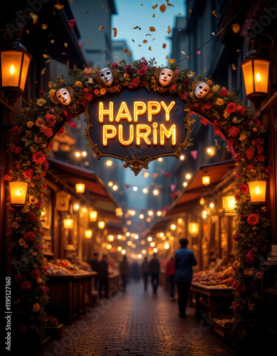 Festive purim celebration in a vibrant market street scene with decorative arch photo