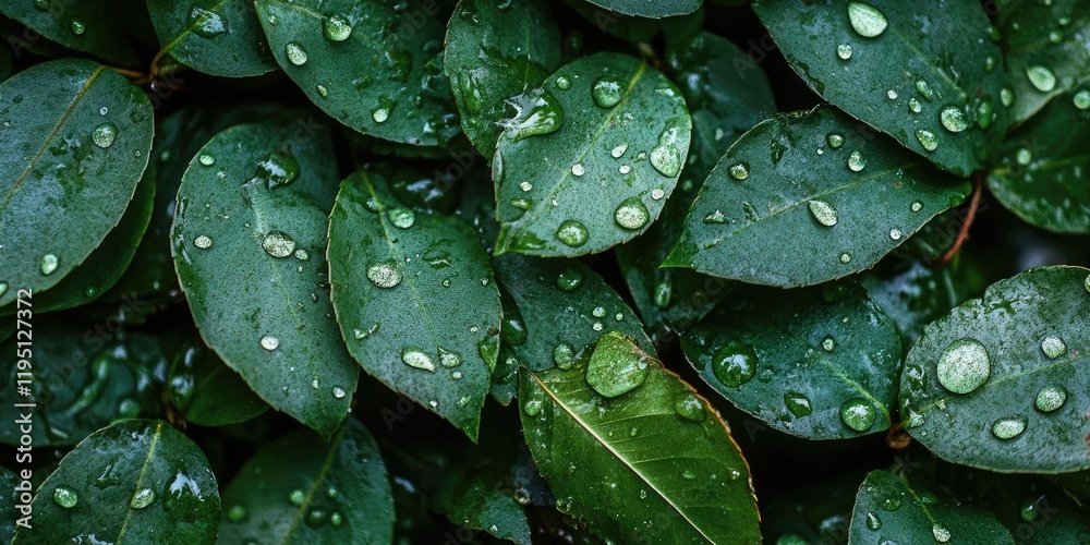 Fototapeta premium Damp green leaves with water droplets scattered across their surface captured from above emphasizing freshness after rainfall
