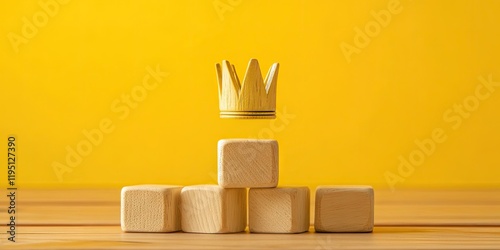 Wooden blocks arranged in a pyramid with a golden crown icon above on a vibrant yellow background representing content supremacy and importance photo